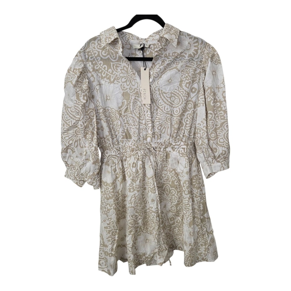 Pinch Boho Mini Dress L Beige White Floral Paisley Button Front Cottagecore